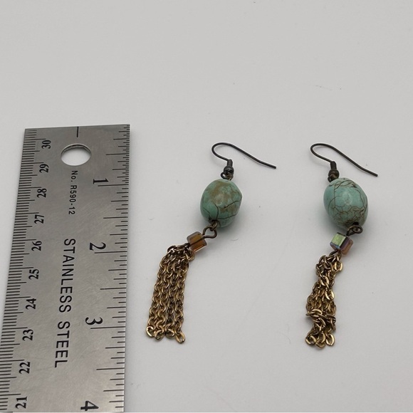 Light Blue Howlite Round Stone & Gold Tone Chain Tassel Dangle Pierced Earrings - Picture 6 of 7